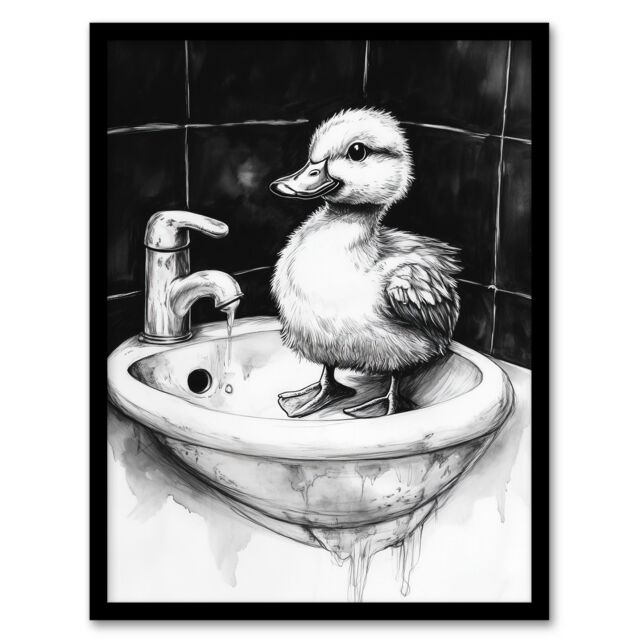 "Artery8 Cute Duckling Sink Bath Time Black White Drawing Framed Art Print - Size: W12"" x H16""" - image 1