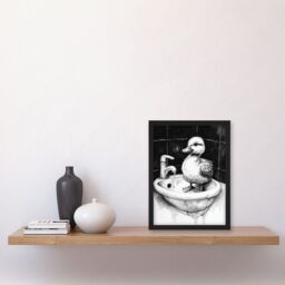 "Artery8 Cute Duckling Sink Bath Time Black White Drawing Framed Art Print - Size: W12"" x H16""" - thumbnail 4