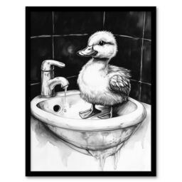 "Artery8 Cute Duckling Sink Bath Time Black White Drawing Framed Art Print - Size: W12"" x H16""" - thumbnail 1