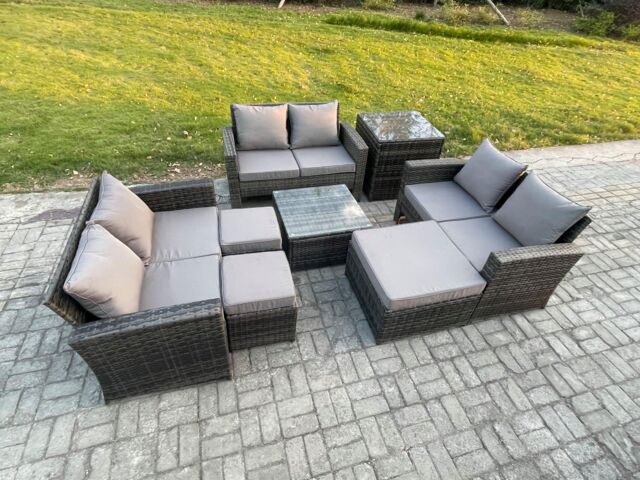 Fimous Outdoor Lounge Sofa Set Wicker PE Rattan Garden Furniture Set with Square Coffee Table 3 Footstools Side Table in Dark Grey - image 1