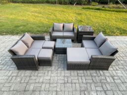 Fimous Outdoor Lounge Sofa Set Wicker PE Rattan Garden Furniture Set with Square Coffee Table 3 Footstools Side Table in Dark Grey - thumbnail 2