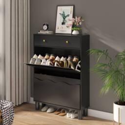 KEEPREAPER Modern Shoe Cabinet with 2 Flip Drawers & 1 Pull-Out Drawer in Black - thumbnail 8