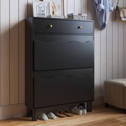 KEEPREAPER Modern Shoe Cabinet with 2 Flip Drawers & 1 Pull-Out Drawer in Black