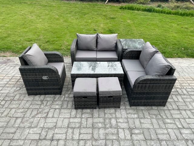 Fimous Rattan Outdoor Garden Furniture Sofa Set Patio Table & Chairs Set with 2 Small Footstools Side Table Dark Grey Mixed - image 1