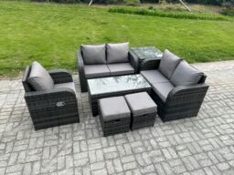 Fimous Rattan Outdoor Garden Furniture Sofa Set Patio Table & Chairs Set with 2 Small Footstools Side Table Dark Grey Mixed - thumbnail 2