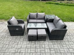 Fimous Rattan Outdoor Garden Furniture Sofa Set Patio Table & Chairs Set with 2 Small Footstools Side Table Dark Grey Mixed - thumbnail 1
