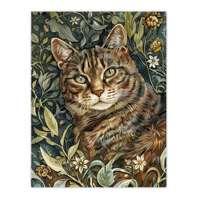 "Artery8 Cat Lover Moggie Pet Hiding in Wildflower Field Wall Art Print in Green - Size: W24"" x H32""" - image 1