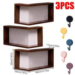 Ventryn 3 Pcs Wood Corner Shelves Wall Mounted Storage Display in Brown - thumbnail 2