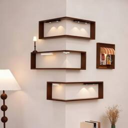 Ventryn 3 Pcs Wood Corner Shelves Wall Mounted Storage Display in Brown