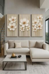 "Mafett Set of 3 Neutral Magnolia Floral Canvas Wall Art Print in Beige - Size: W18"" x H24"""