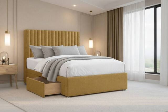 "Chester & Oakley Lorenzo Plush Divan Bed Base 2 Drawers Same Side - 26"" Headboard in Mustard - Size: Super King" - image 1