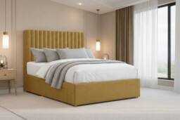 "Chester & Oakley Lorenzo Plush Divan Bed Base 2 Drawers Same Side - 26"" Headboard in Mustard - Size: Super King" - thumbnail 3