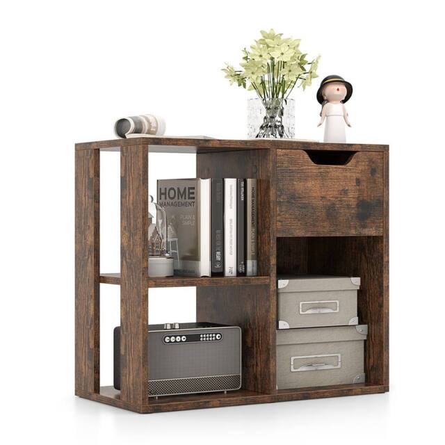 Gymax 3-Cube Bookcase With Drawer 2-tier Wooden Storage Shelf Display Shelf in Brown - image 1