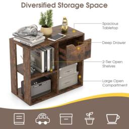 Gymax 3-Cube Bookcase With Drawer 2-tier Wooden Storage Shelf Display Shelf in Brown - thumbnail 4