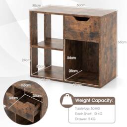Gymax 3-Cube Bookcase With Drawer 2-tier Wooden Storage Shelf Display Shelf in Brown - thumbnail 3
