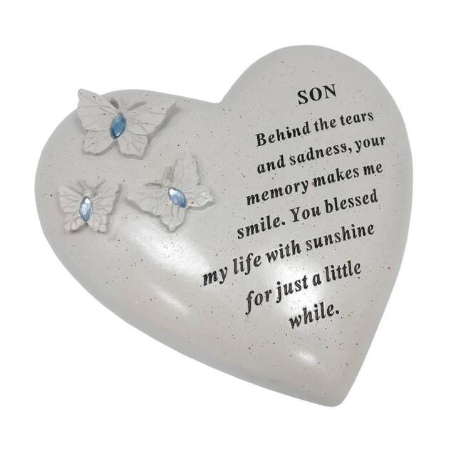 David Fischhoff Graveside Memorial Heart & Butterflies Ornament Plaque Blue Gems - Son in Off-White - image 1