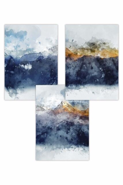 ARTZE Set of 3 Abstract Navy Blue & Yellow Mountains Art Posters - Size: W50 cm x H70 cm - image 1