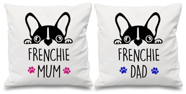 "60 SECOND MAKEOVER Frenchie Mum Dad White Cushion Covers 16"" x 16"" Couples Cushions French Bull Dog - Size: 40 cm x 40 cm"
