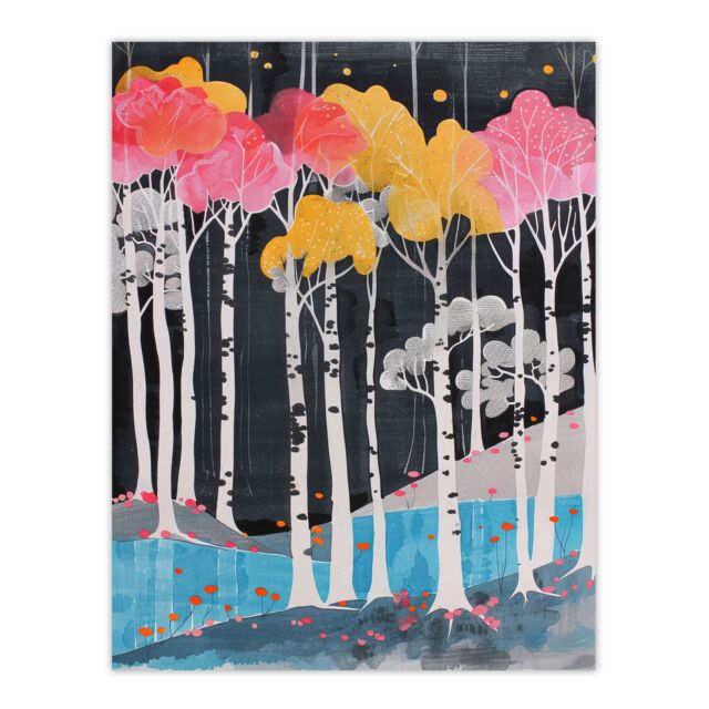 "Artery8 Colourful Birch Tree Forest River Bank Landscape Wall Art Print - Size: W24"" x H32""" - image 1