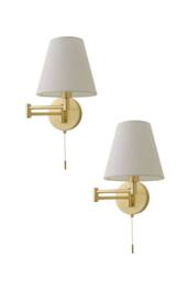 ValueLights Sonia Pair of Swing Arm Wall Lights with Taper Linen Shades & Bulbs in Gold - thumbnail 1