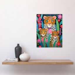 "Artery8 Wall Art Print Leopard Family Vibrant Oil Painting Orange Pink Green Floral Jungle Wildlife Kids Bedroom Poster - Size: W18"" x H24""" - thumbnail 4