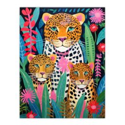 "Artery8 Wall Art Print Leopard Family Vibrant Oil Painting Orange Pink Green Floral Jungle Wildlife Kids Bedroom Poster - Size: W18"" x H24""" - thumbnail 1