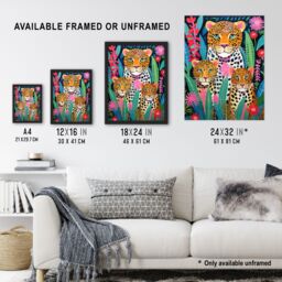 "Artery8 Wall Art Print Leopard Family Vibrant Oil Painting Orange Pink Green Floral Jungle Wildlife Kids Bedroom Poster - Size: W18"" x H24""" - thumbnail 3