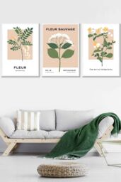 ARTZE Set of 3 White Framed Vintage Graphical Yellow Wild Flower Market Wall Art in Bright Yellow - Size: W33 cm x H45 cm x D20mm