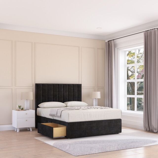 Sloomy Kansas Plush Bed Set With 2 Drawers, Mattress & Headboard in Black - Size: King - image 1
