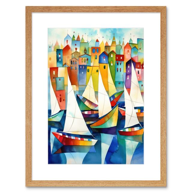 "Artery8 Wall Art Print Harbour Boats Folk Art Watercolour Painting Artwork Framed 9X7 Inch in Beige - Size: W7"" x H9""" - image 1
