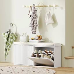 STILVORA Shoe Bench with 2 Flip Drawers & Padded Seat in White - thumbnail 3