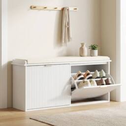 STILVORA Shoe Bench with 2 Flip Drawers & Padded Seat in White - thumbnail 1