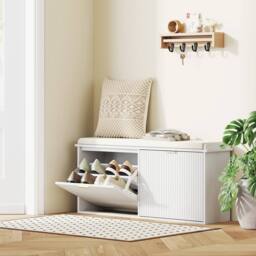 STILVORA Shoe Bench with 2 Flip Drawers & Padded Seat in White - thumbnail 2
