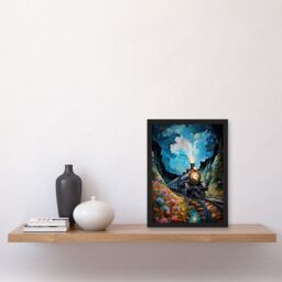 Artery8 Wall Art Print Train Ride to Imagination Land Conceptual Art Oil Painting Dream Journey Railroad Artwork Framed A4 in Black - thumbnail 2
