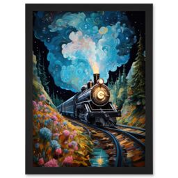 Artery8 Wall Art Print Train Ride to Imagination Land Conceptual Art Oil Painting Dream Journey Railroad Artwork Framed A4 in Black - thumbnail 1