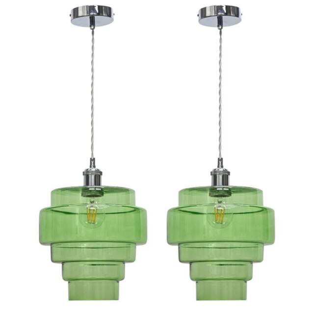 First Choice Lighting Set of 2 Benson - 5 Tier Green & Chrome Ceiling Pendant Lights - image 1