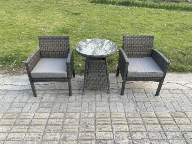 Fimous Wicker PE Outdoor Rattan Garden Furniture Arm Chair & Table Dining Sets 2 Seater Small Round Table Dark Grey Mixed - image 1