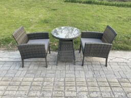 Fimous Wicker PE Outdoor Rattan Garden Furniture Arm Chair & Table Dining Sets 2 Seater Small Round Table Dark Grey Mixed - thumbnail 2