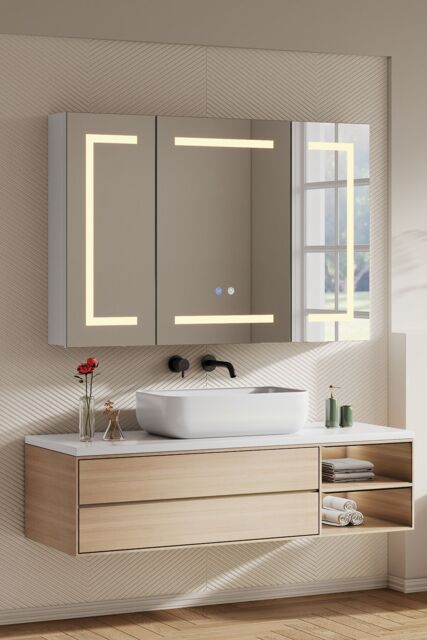 Living and Home Triple-Door Bathroom Mirror Cabinet with LED Lighting in Silver - image 1
