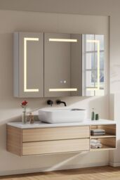 Living and Home Triple-Door Bathroom Mirror Cabinet with LED Lighting in Silver