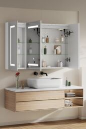 Living and Home Triple-Door Bathroom Mirror Cabinet with LED Lighting in Silver - thumbnail 2