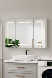 Living and Home Triple-Door Bathroom Mirror Cabinet with LED Lighting in Silver - thumbnail 3