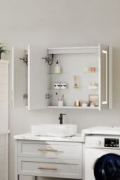 Living and Home Triple-Door Bathroom Mirror Cabinet with LED Lighting in Silver - thumbnail 4