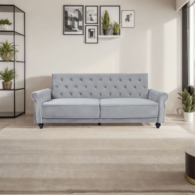 FURNITURE ONE 3 Seater Sofa Bed, 225CM Velvet Sofa Bed Click Clack Sofa Bed with Solid Wool Legs in Pale Grey - Size: 1 Pack - image 1