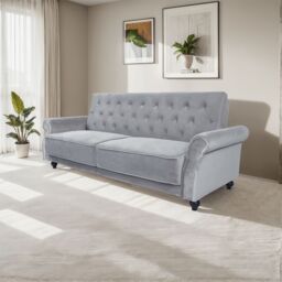 FURNITURE ONE 3 Seater Sofa Bed, 225CM Velvet Sofa Bed Click Clack Sofa Bed with Solid Wool Legs in Pale Grey - Size: 1 Pack - thumbnail 2