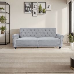 FURNITURE ONE 3 Seater Sofa Bed, 225CM Velvet Sofa Bed Click Clack Sofa Bed with Solid Wool Legs in Pale Grey - Size: 1 Pack