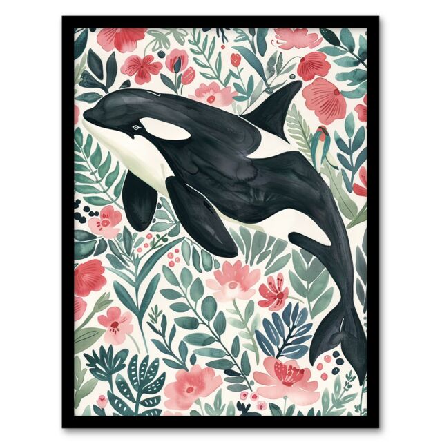 "Artery8 Orca Killer Whale Flower Sea Watercolour Floral Framed Wall Art - Size: W12"" x H16""" - image 1