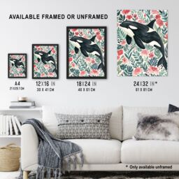 "Artery8 Orca Killer Whale Flower Sea Watercolour Floral Framed Wall Art - Size: W12"" x H16""" - thumbnail 3