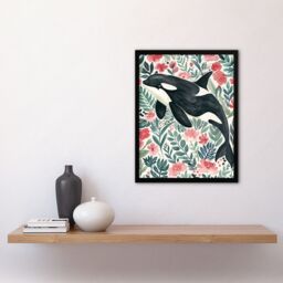 "Artery8 Orca Killer Whale Flower Sea Watercolour Floral Framed Wall Art - Size: W12"" x H16""" - thumbnail 4