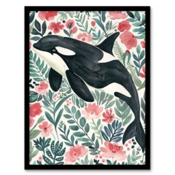 "Artery8 Orca Killer Whale Flower Sea Watercolour Floral Framed Wall Art - Size: W12"" x H16""" - thumbnail 1